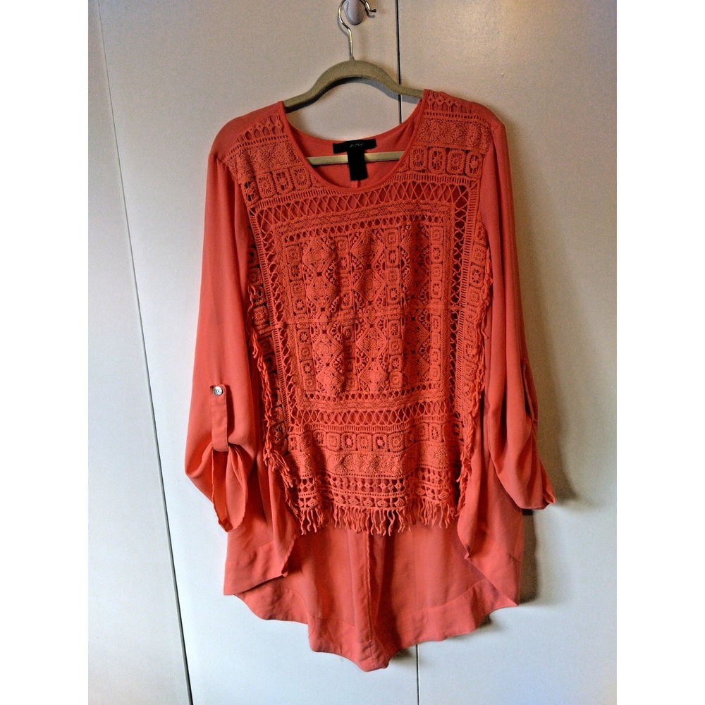 ALI MILES Crochet Fringe Details Boho Tunic Top Womens Plus Size 2x Hi Low Hem